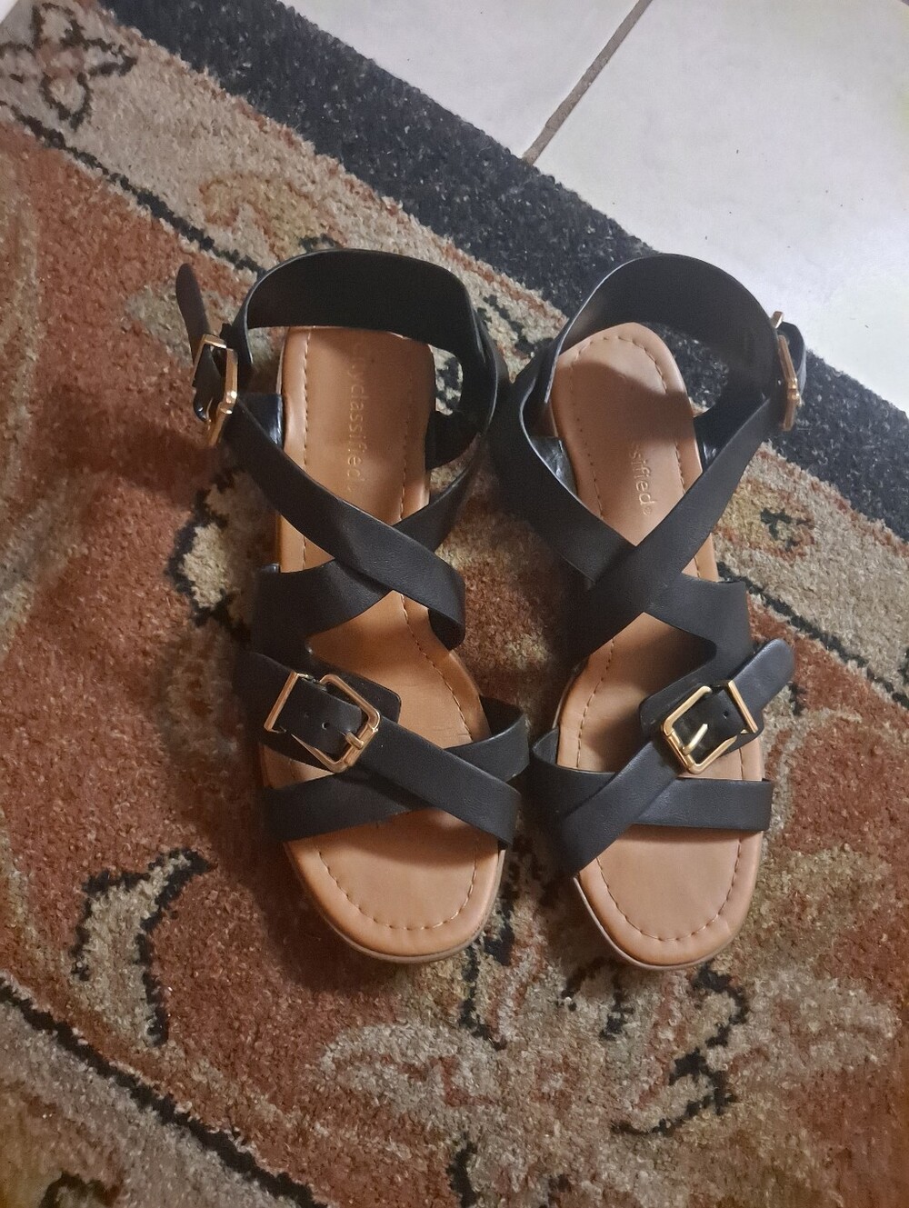 City Classified Narrow Black Strappy Buckle Sandals for Women